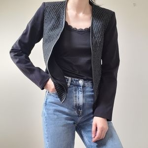 Wool & Lamb Leather Blended Black Suit Jacket, NEW